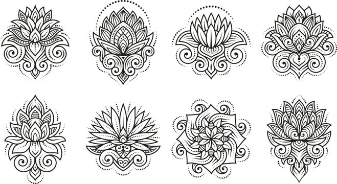 Lotus tattoo design. Creative bohemian lotos flowers tattoos, modern zen mandala ornament. Henna ornate drawing templates, tidy vector floral design