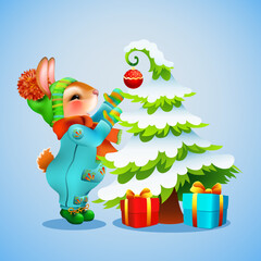 cute cartoon rabbit in winter clothes decorates the Christmas tree. funny bunny with gift boxes symbol new year. greeting card concept. vector illustration.