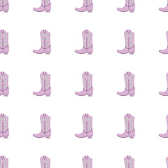Cowboy boots with ornament seamless pattern. Wild west theme. Hand drawn colored trendy vector illustration on white background