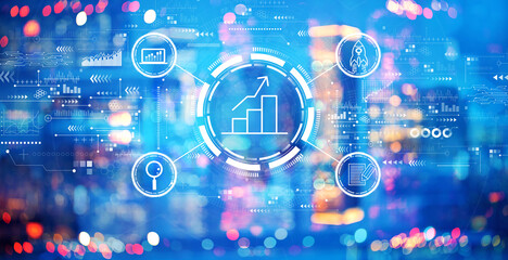 Business growth analysis with blurred city lights at night