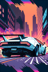 Cars and City Background. Hand drawn Future style illustartion, synthwave and retro style