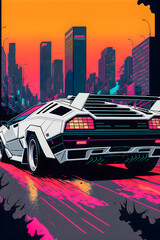 Obraz na płótnie Canvas Cars and City Background. Hand drawn Future style illustartion, synthwave and retro style