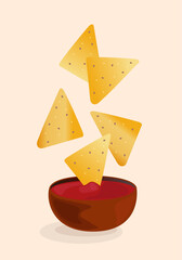 Flying nachos with sauce. Mexican national food. Traditional mexican cuisine illustration. Fast food. Street food drawing. Best for restaurant menu and package design. Vector illustration.