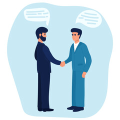 Business partnership. Illustration of business people in suits shaking hands. Flat design isolated on a white background. Vector 10 EPS