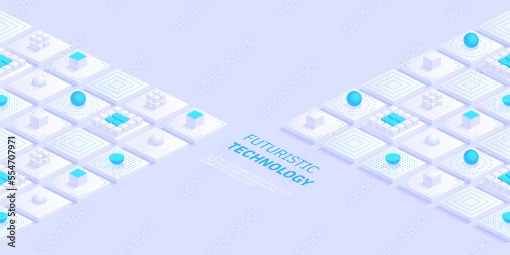 Poster Isometric futuristic information technology blockchain concept. Big data binary code, data flow. Transferring of big data. Interconnected blocks of data. Vector illustration abstract background