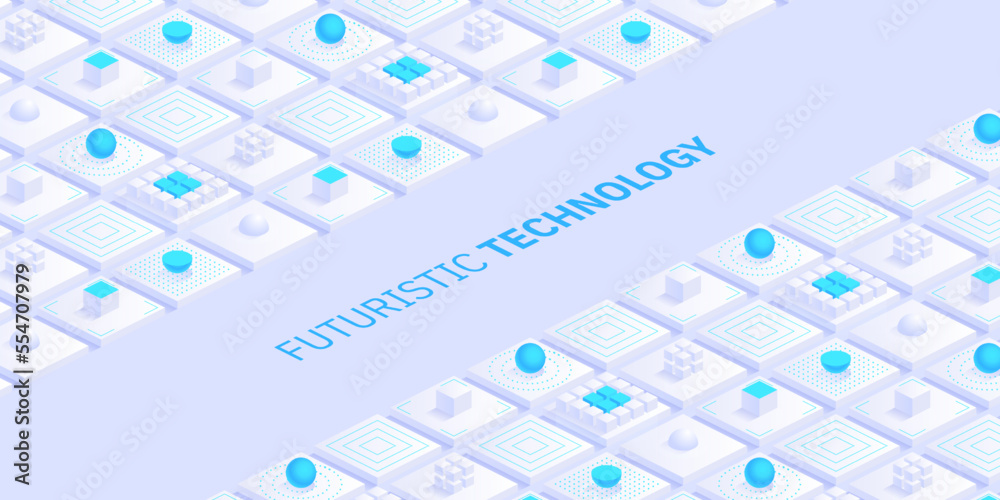 Poster Isometric futuristic information technology blockchain concept. Big data binary code, data flow. Transferring of big data. Interconnected blocks of data. Vector illustration abstract background