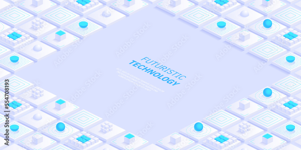Poster Isometric futuristic information technology blockchain concept. Big data binary code, data flow. Transferring of big data. Interconnected blocks of data. Vector illustration abstract background