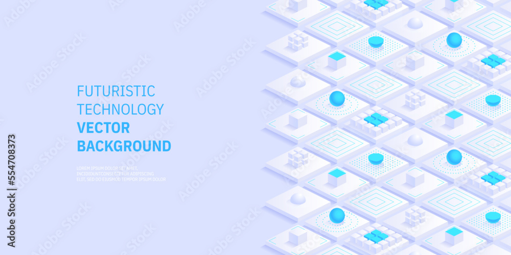 Poster Isometric futuristic information technology blockchain concept. Big data binary code, data flow. Transferring of big data. Interconnected blocks of data. Vector illustration abstract background