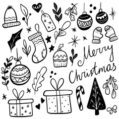 Hand drawn set of winter Christmas doodles. Vector simple new year illustrations.