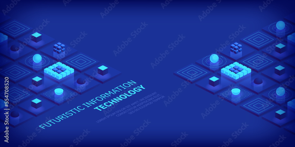 Poster Isometric futuristic information technology blockchain concept. Big data binary code, data flow. Transferring of big data. Interconnected blocks of data. Vector illustration abstract background