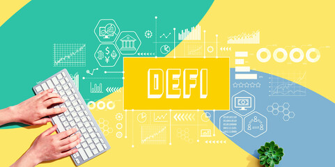 Fototapeta na wymiar DeFi - Decentralized Finance theme with person using a computer keyboard