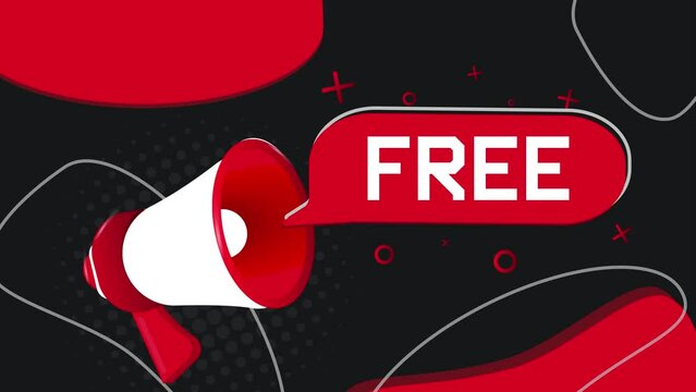 Free banner. Megaphone with speech bubble in flat style. 4K video animation