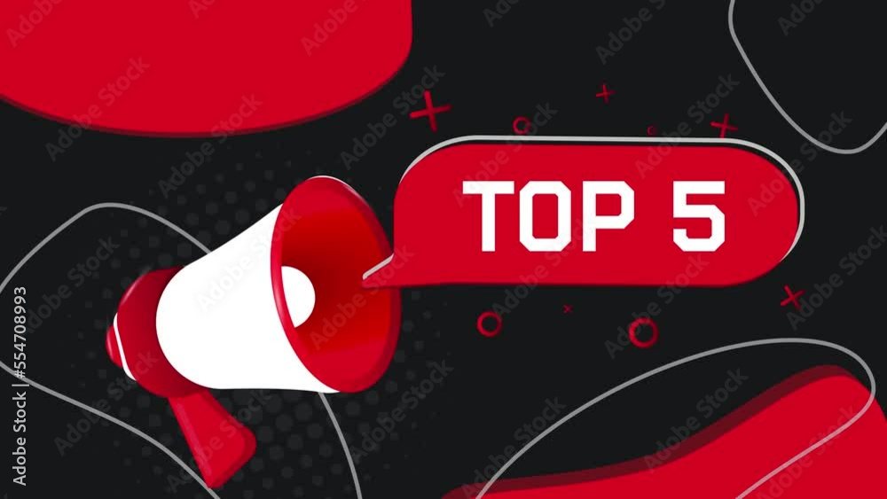 Poster top 5 banner. megaphone with speech bubble in flat style. 4k video animation