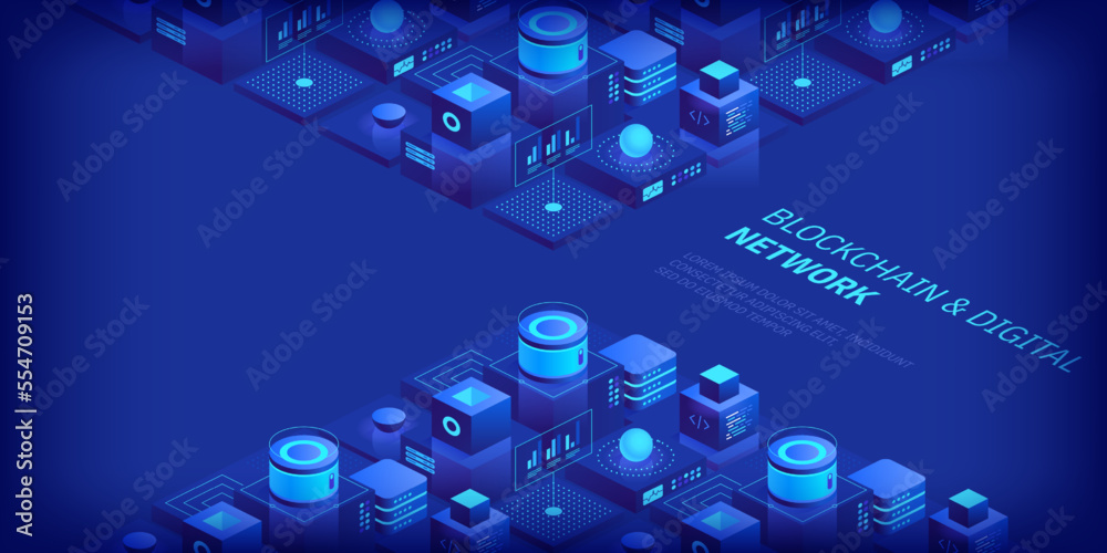 Poster abstract blockchain and digital cloud network technology background. artificial intelligence, deep l
