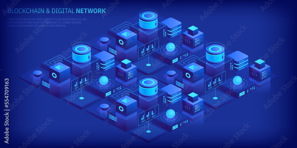 Poster abstract blockchain and digital cloud network technology background. artificial intelligence, deep l