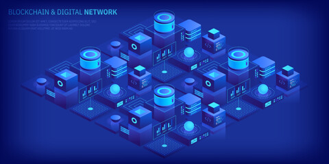 Abstract blockchain and digital cloud network technology background. Artificial intelligence, deep learning and big data concept. Quantum technology. Isometric tech visual for screen pattern template.