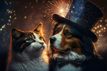 cat and dog's faces as they gaze up at the fireworks bursting in the night sky. they  wear a top hat  bow tie, and a vest. The style is dreamy and romantic, with a soft, magical quality