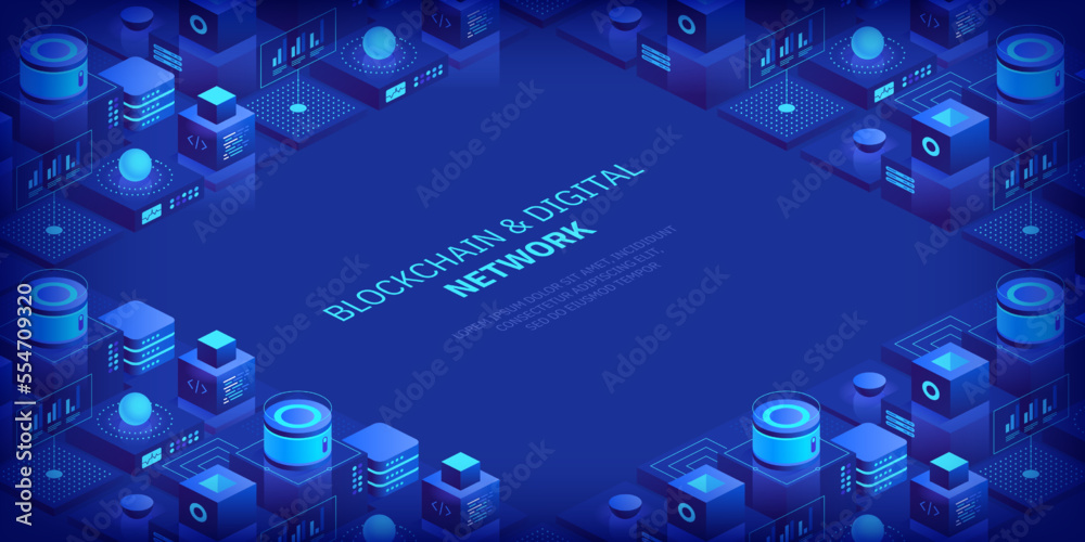 Poster abstract blockchain and digital cloud network technology background. artificial intelligence, deep l