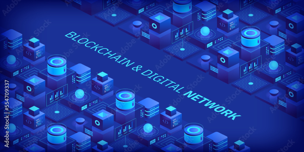 Poster abstract blockchain and digital cloud network technology background. artificial intelligence, deep l