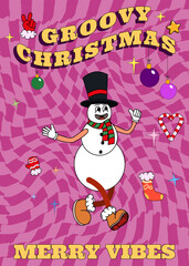 Fototapeta na wymiar Groovy hippie Christmas poster. Snowman in trendy retro cartoon style