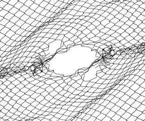 Opening in metallic fence isolated on white background . Challenge. uncertainty. breakthrough concept. metaphor. Chain-link, wire netting, wire-mesh, cyclone hurricane fence.