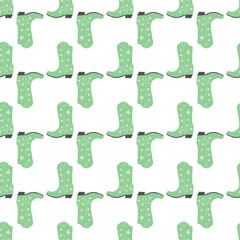 Cowboy boots with ornament seamless pattern. Wild west theme. Hand drawn colored trendy vector illustration on white background