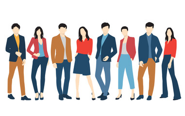 Fototapeta premium Set of young men and women, different colors, cartoon character, group of silhouettes of standing business people, students, the design concept of flat icon, isolated on white background