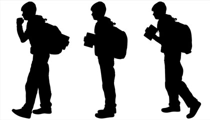 A teen with a backpack and a gadget in his hands walks. The guy with the phone in his hands. Child and mobile devices. Back to school. Side view, profile. Three black silhouettes are isolated on white