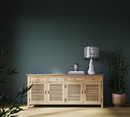 Modern interior with wooden sideboard and plants on green wall background 3D Rendering, 3D Illustration