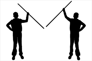 Teenagers with sticks in their hands. Two teenagers raised their hands high, and they hold hiking sticks in their hands. Hiking. Sport. Competition. Front view. Two black silhouettes isolated on white