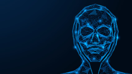 Fototapeta na wymiar Hacker, man in a hood under a skull mask. Polygonal design of interconnected lines and points. Blue background.