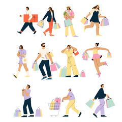 Fototapeta na wymiar Collection of people carrying shopping bags with purchases. Men and women taking part in seasonal sale at store, shop, mall. 