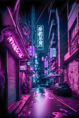 Tokyo City by Night, Anime and Manga drawing illustration, city ​​views, purple neon Generative AI