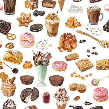 Watercolor seamless pattern with sweet desserts and coffee drinks on white background. Illustration for textures, wallpapers, fabrics, postcards. 