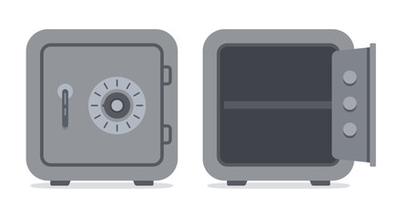 Closed bank safe and open empty safe. Vector.