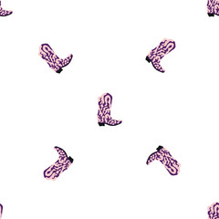Cowboy boots with ornament seamless pattern. Wild west theme. Hand drawn colored trendy vector illustration on white background