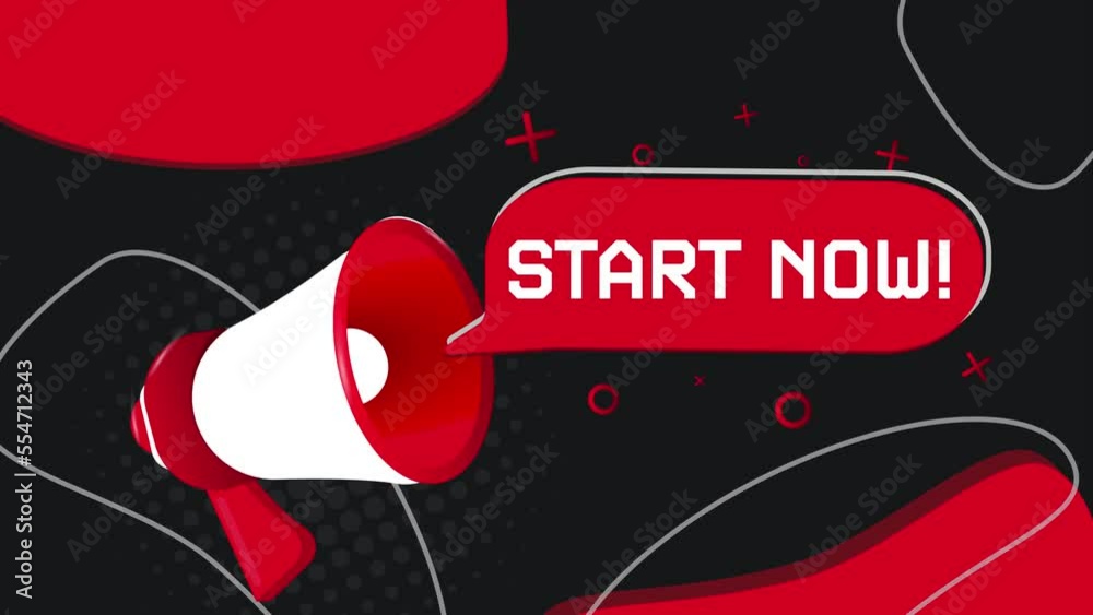 Aufkleber start now banner. megaphone with speech bubble in flat style. 4k video animation