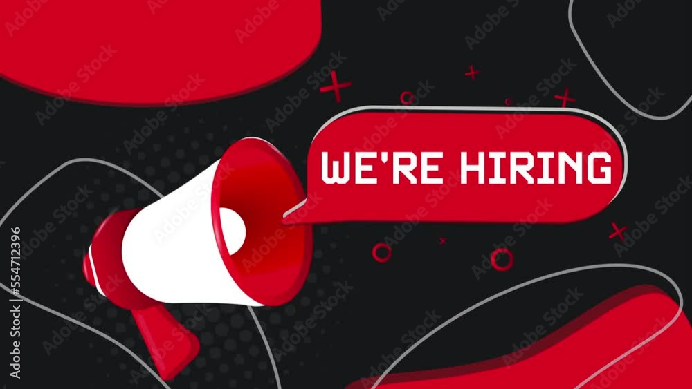 Aufkleber we're hiring banner. megaphone with speech bubble in flat style. 4k video animation