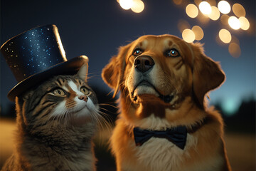 cat and dog's faces as they gaze up at the fireworks bursting in the night sky. they  wear a top hat  bow tie, and a vest. The style is dreamy and romantic, with a soft, golden light, magical quality.