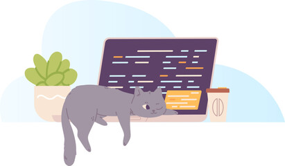 Cat sleep on laptop. Asleep kitten resting notebook keyboard, kitty lay sleeping at workspace screen computer, funny naps animal programmer, happy office work vector illustration
