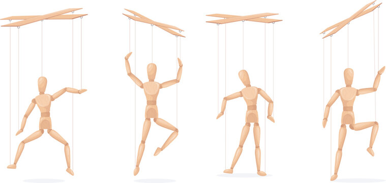 Wooden marionettes. Cartoon marionette doll on string for puppeteers hand, wood puppet manipulation, dummy mannequin at control rope, man model theater toy neat vector illustration