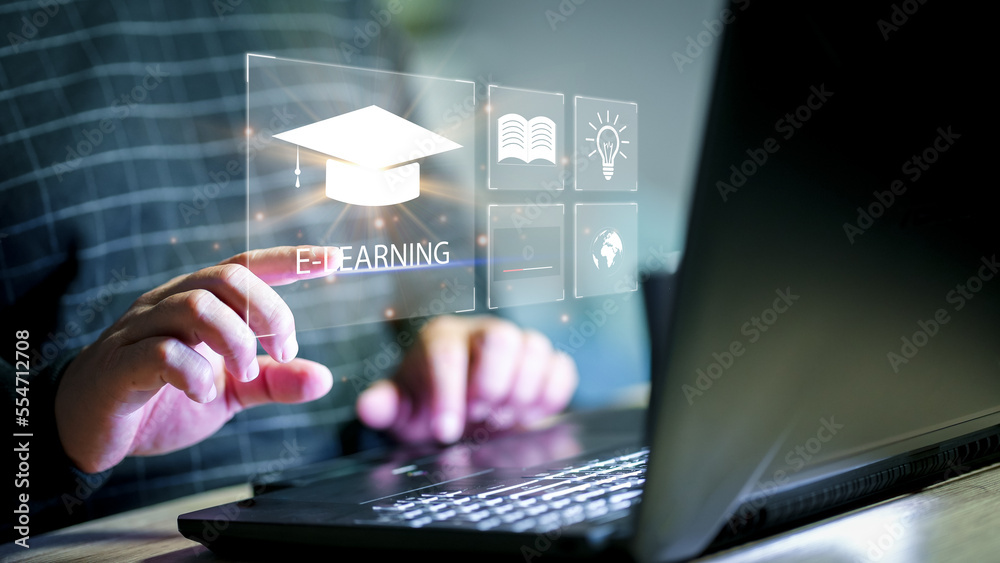 Poster Concept of Online education. man use Online education training and e-learning webinar on internet for personal development and professional qualifications. Digital courses to develop new skills...