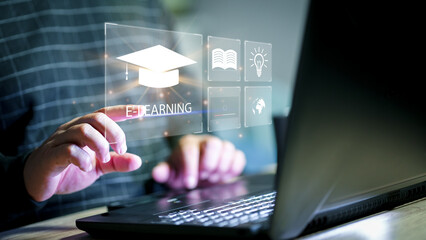 Concept of Online education. man use Online education training and e-learning webinar on internet for personal development and professional qualifications. Digital courses to develop new skills...