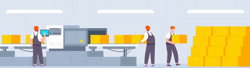 Packaging conveyor workers. Delivery movers in uniform stand at production belt line with cargo box, industrial robot iot machine warehouse interior, splendid vector illustration