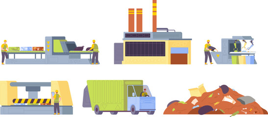 Garbage recycle factory. Manufacturing process recycling and sort plastic waste on urban rubbish landfill, plant workers of industrial disposal wastes, splendid vector illustration