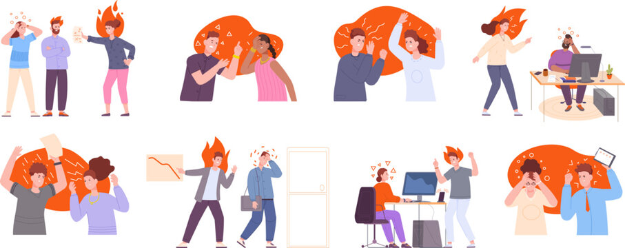 Angry colleague on job. Annoyances stress mad work office conflicts, shouting employees yelling boss, aggressive employer overworked bad relationship, splendid vector illustration