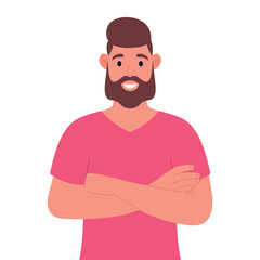 Smiling bearded man in pink t-shirt keeping arms crossed. Cartoon character. Vector illustration.