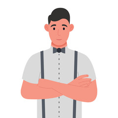 Smiling young man keeping arms crossed. Cartoon character. Vector illustration.