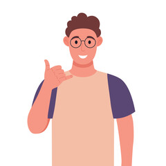 Call me! Curly young man in glasses showing phone or call me gesture with hand fingers shaped like telephone. Vector illustration.