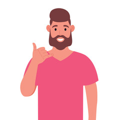 Bearded man in pink t-shirt showing a call me sign. Vector illustration.